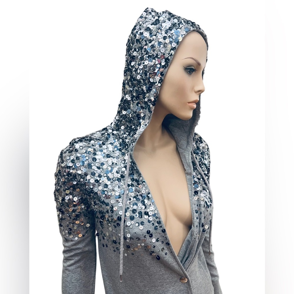 LOVE MOSCHINO METALLIC Sequins Silver Hoodie Size 2 US 96% Cotton 4% Elastane - Picture 5 of 16